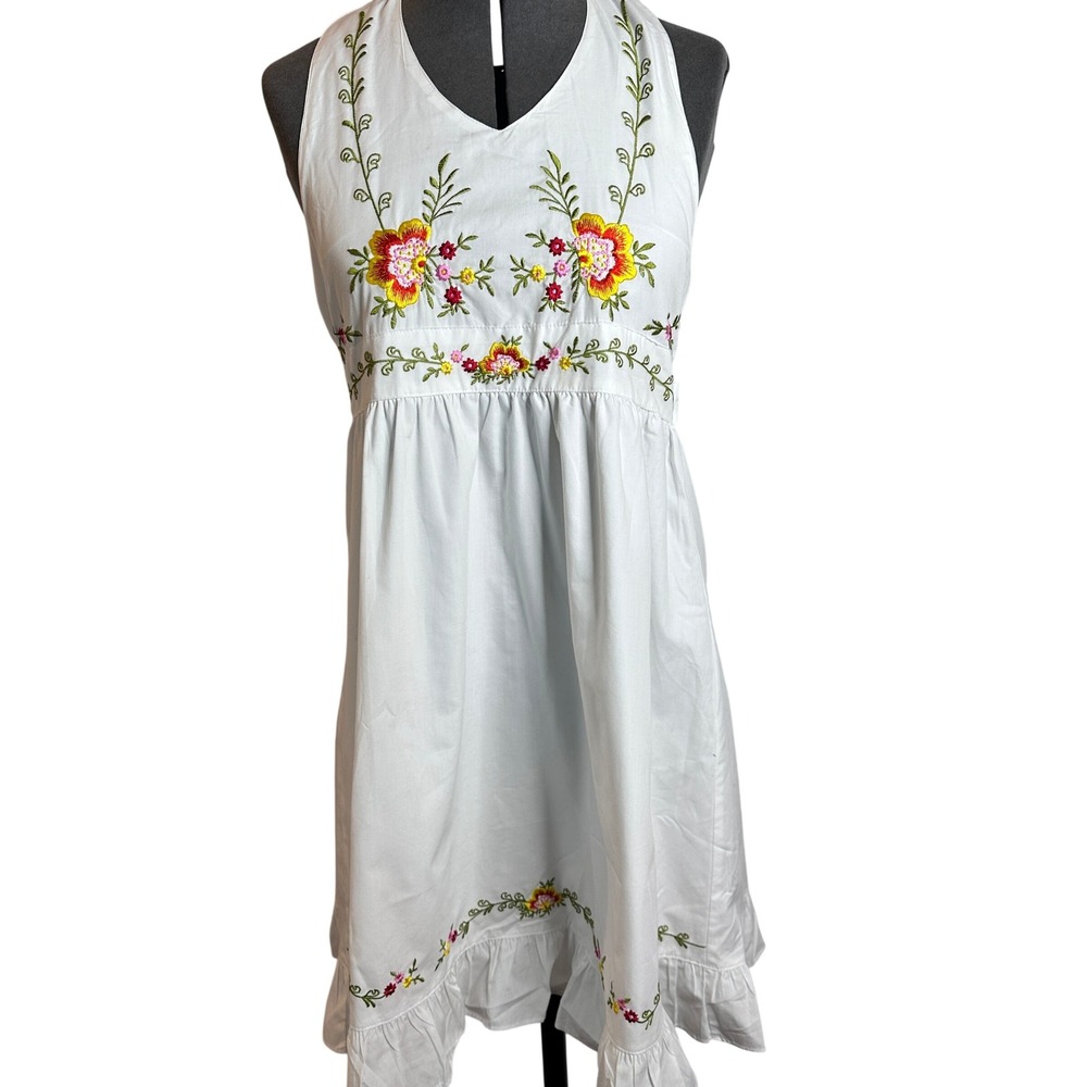 BLUEBERI BOULEVARD White Floral Embroidered Halter Ruffle Dress Boho Size S-M